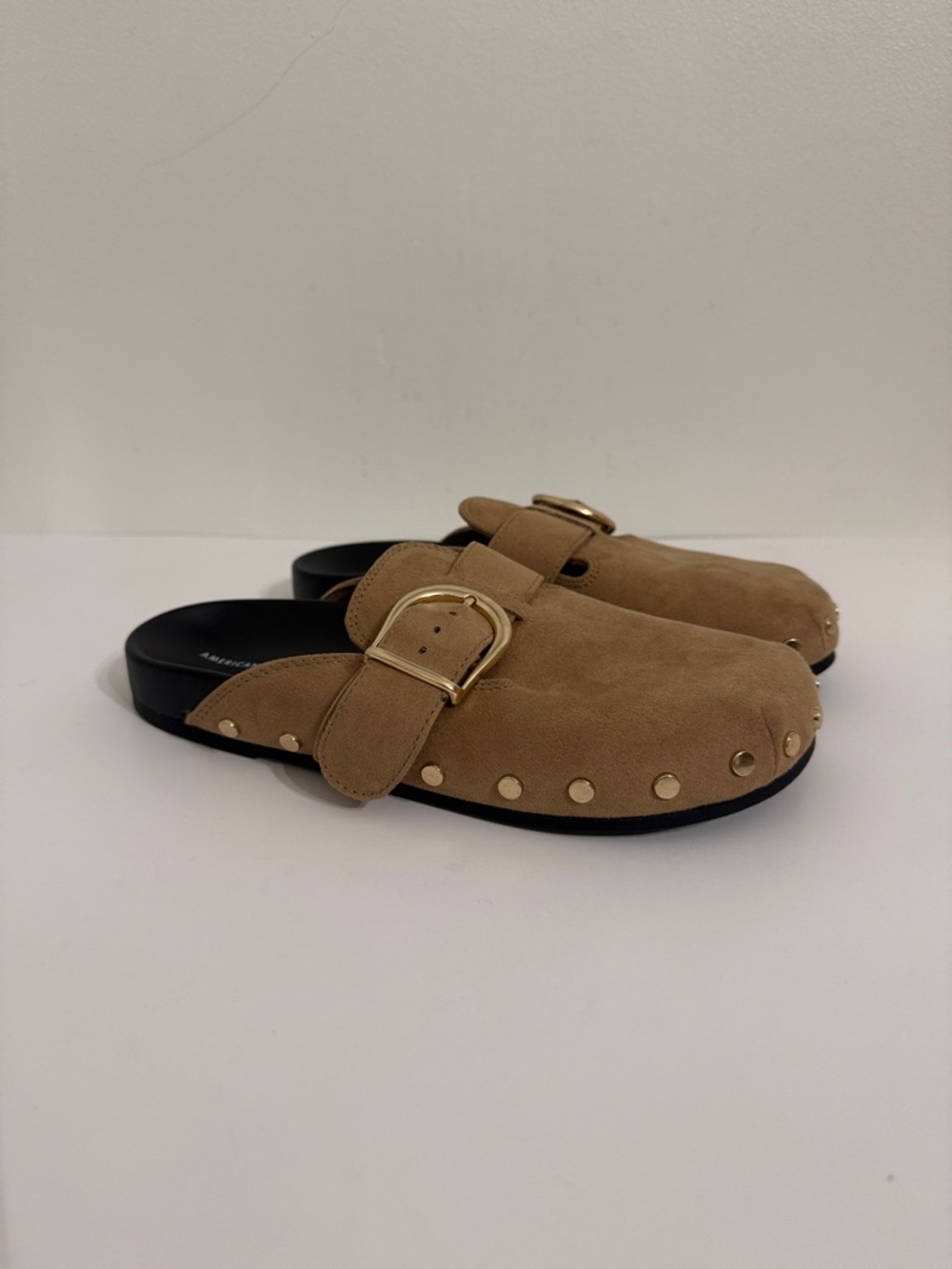 American Eagle Outfitters Tan Suede Studded Buckle Mules